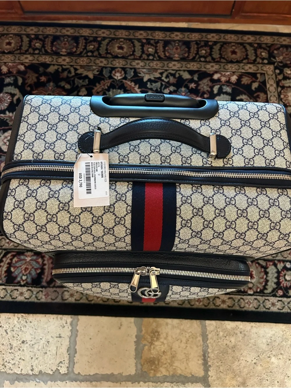 Gucci Savoy, GG Supreme suitcase, iconic blue/red web stripe made in Italy